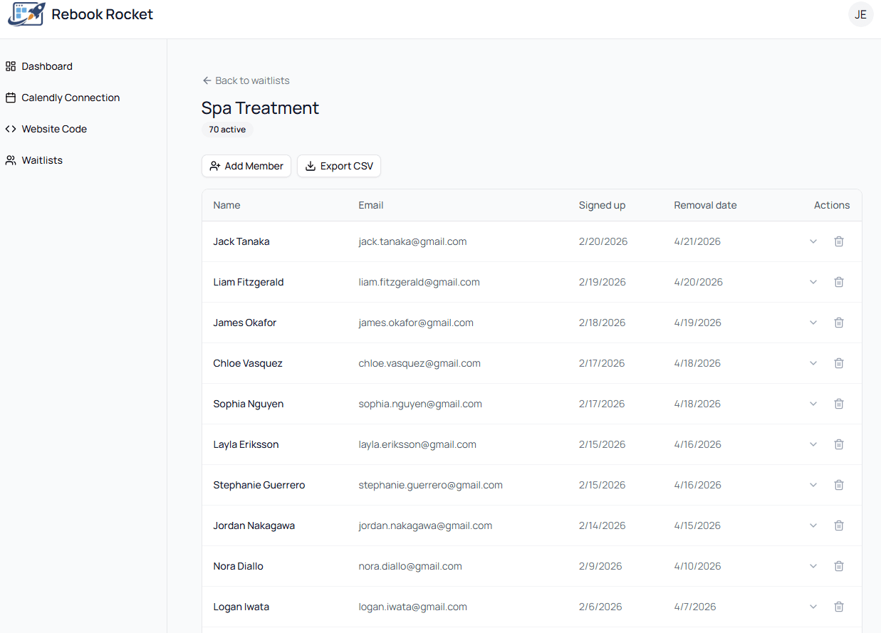 Rebook Rocket dashboard showing waitlisted clients and recovered Calendly sessions